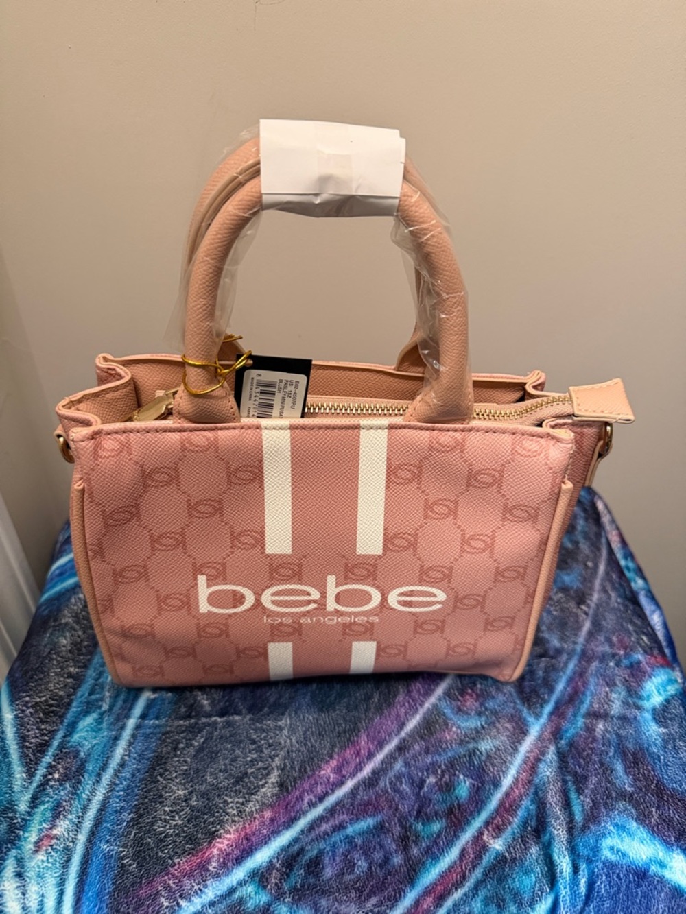 bebe Pink Logo Canvas Satchel with White Stripe Accents